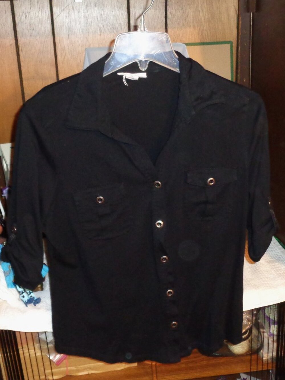 EXCELLENT STYLE&CO BLACK CAMP SHIRT-SZ PETITE LARGE-SOFT